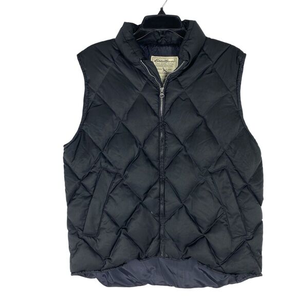 Eddie Bauer Goose Down Puffer Vest Women Medium Petite Black Full Zip VTG - Picture 1 of 7